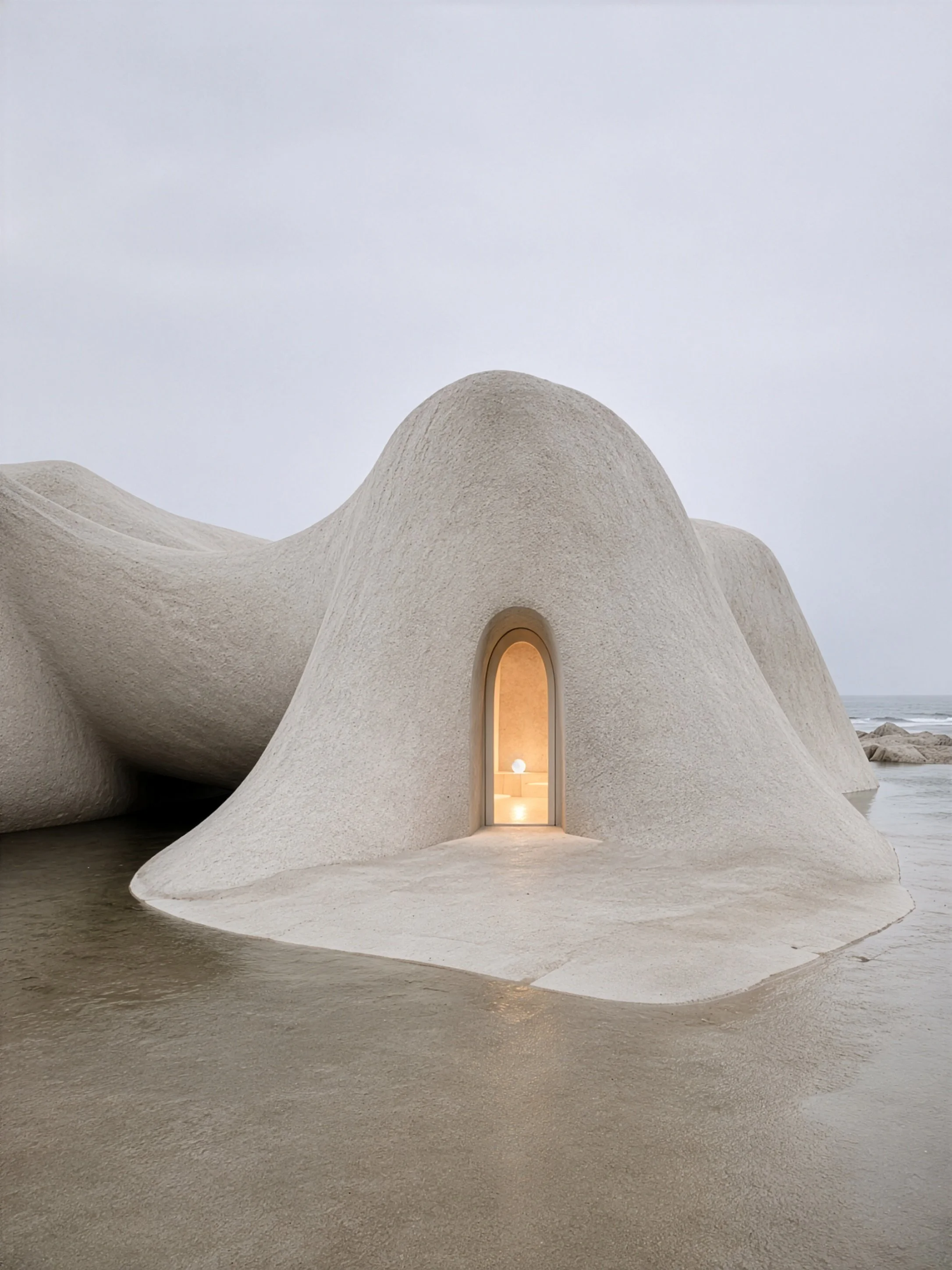 Organic refuge emerging from water in a calm atmospheric landscape