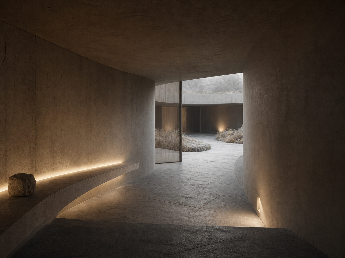 Vista de un pasillo interior de diseño moderno con paredes y suelo de color beige, iluminación suave en la base de la pared y una apertura en vidrio que conduce a un espacio exterior con plantas decorativas y luz natural.