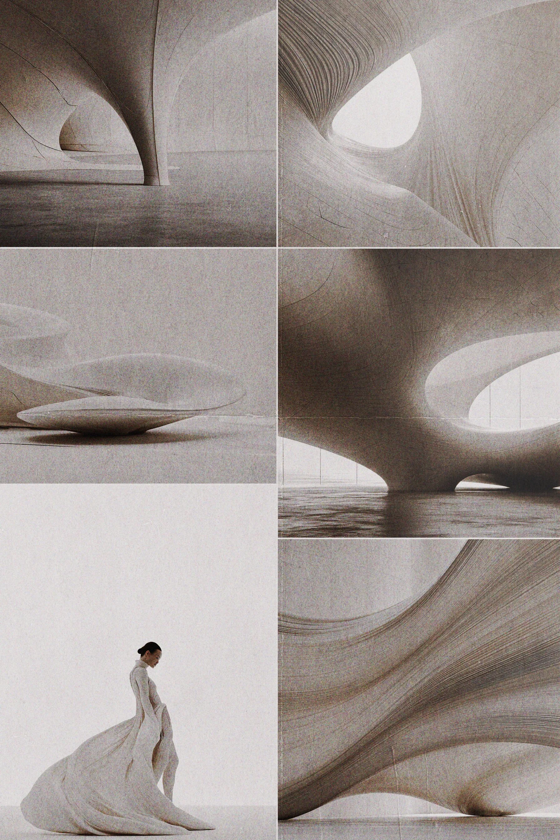 Human figure approaching an immersive spatial threshold shaped by layered membranes, mineral surfaces and filtered light.