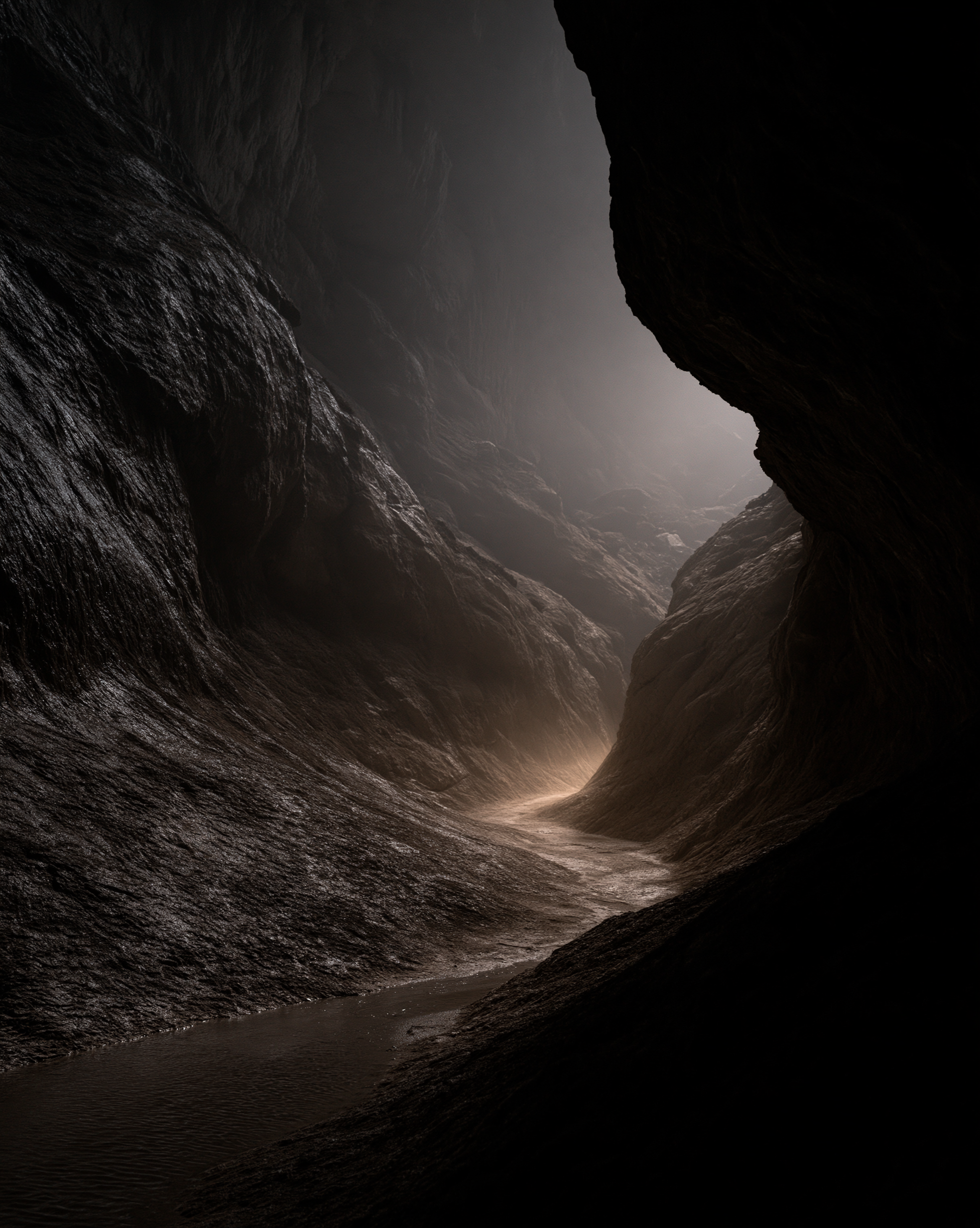 Cañón rocoso oscuro con luz suave en el fondo.