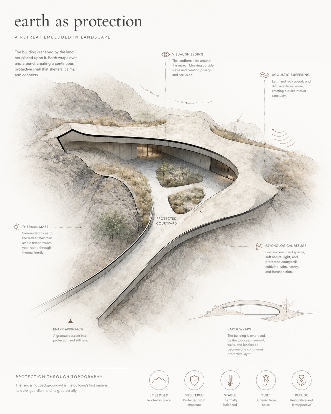 Diagrama de un refugio en el paisaje, mostrando protección del terreno, aislamiento acústico, refugio psicológico, masa térmica y entrada gradual, con énfasis en su integración con la naturaleza y protección contra elementos exteriores.