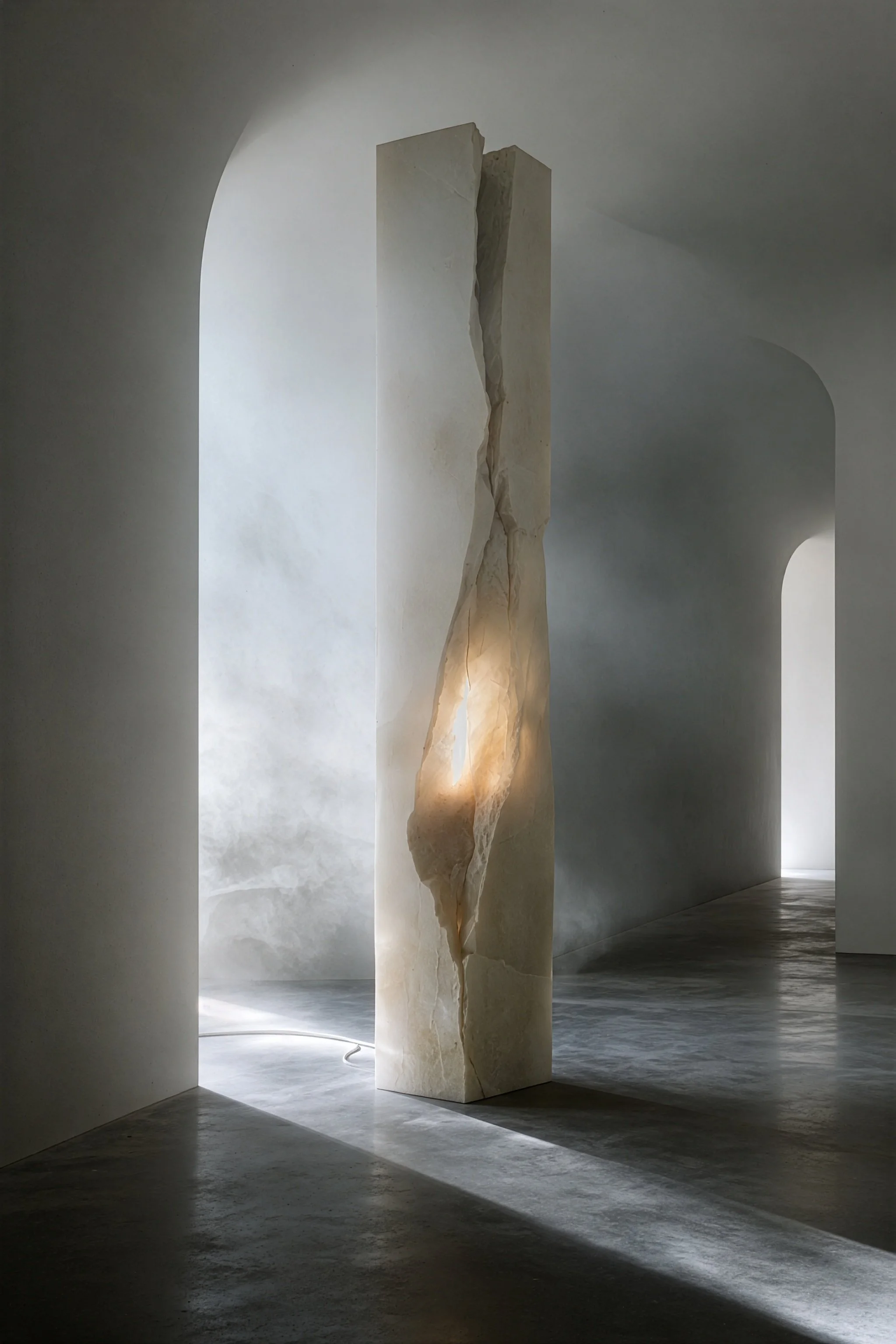 Sculptural light object in a quiet interior, conceived as an object-scale study for filtered light, material presence and sensory calm.