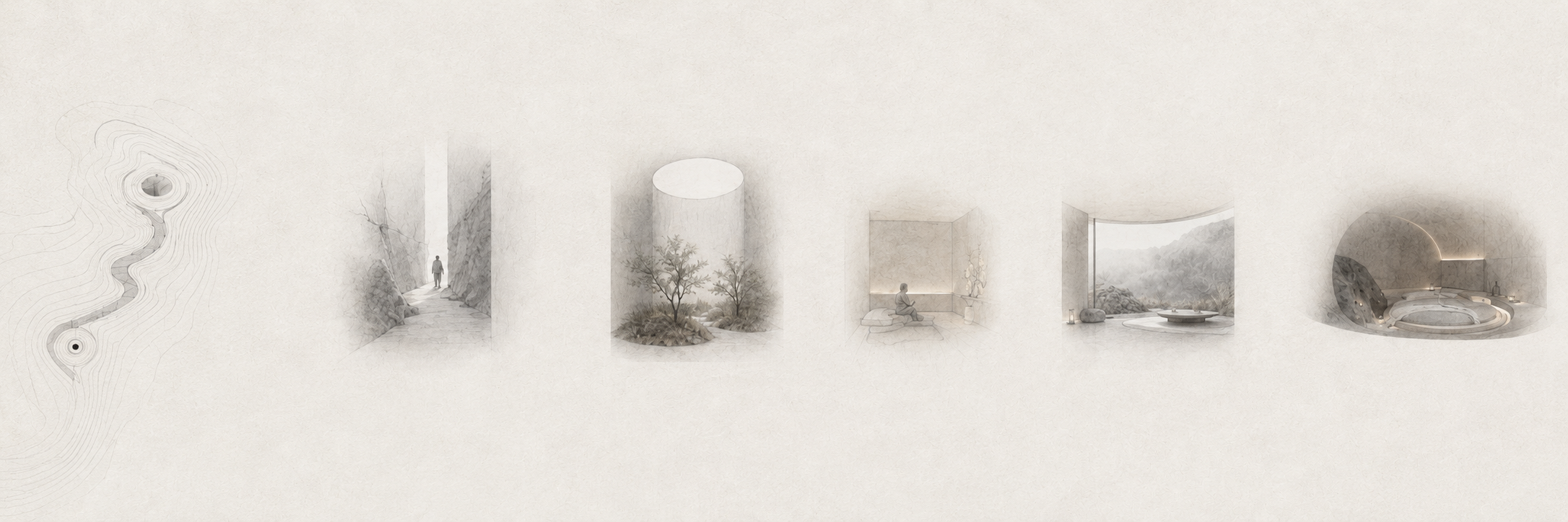 Dibujo arquitectónico de una secuencia de ambientes en tonos suaves, desde un paisaje exterior con caminos y montañas hasta un interior moderno con vista panorámica y jacuzzi.