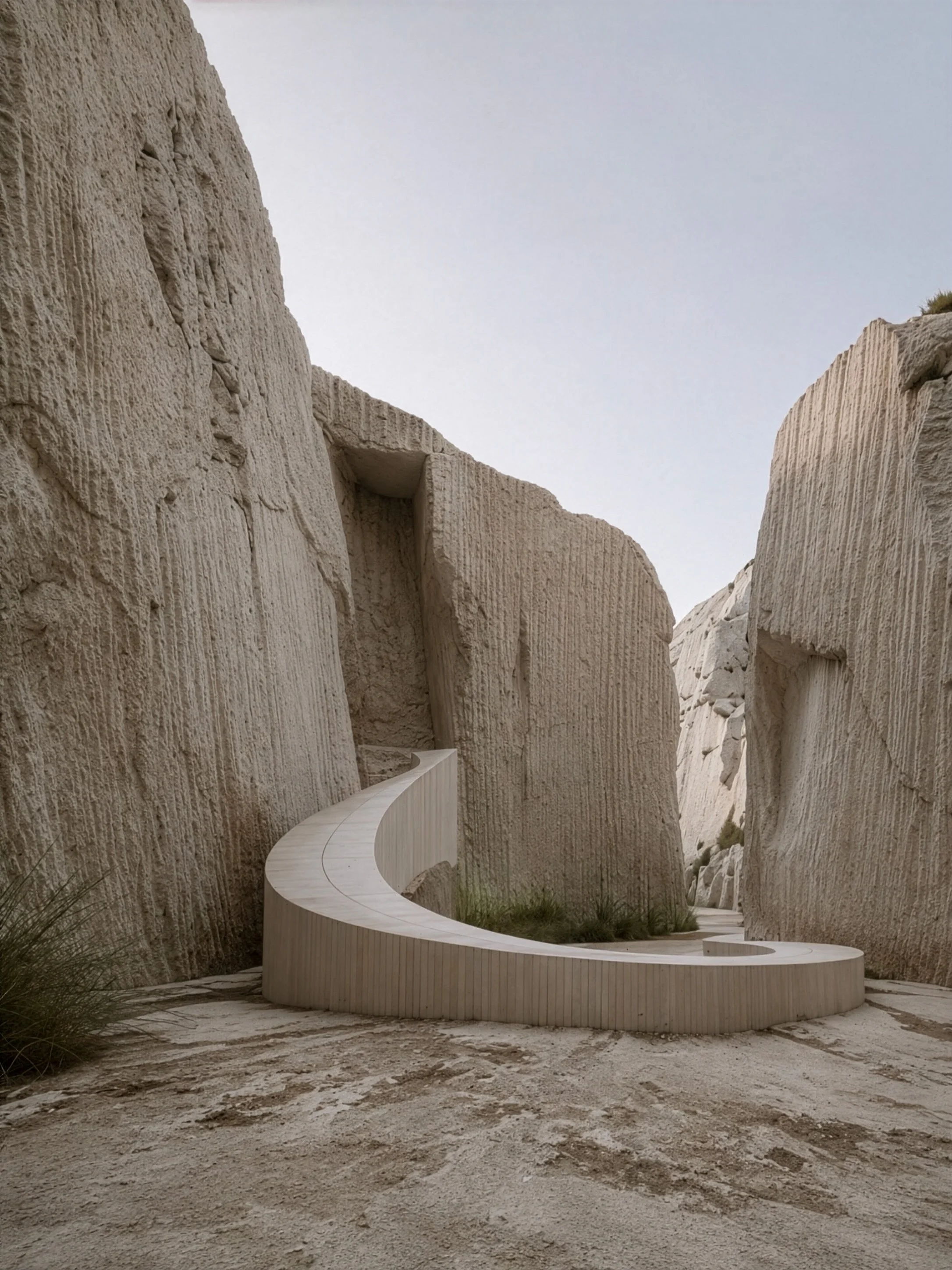 Curved architectural transition embedded within a stone landscape