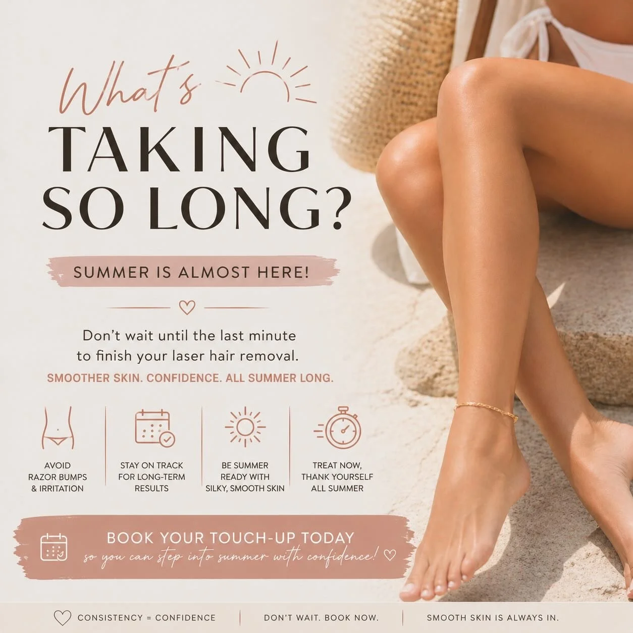 If you&rsquo;ve completed your laser hair removal&hellip; this is your reminder ☀️

Maintenance appointments matter &mdash; especially before summer.

Once you&rsquo;re in the sun more, we have to be more cautious with treatments&hellip; which means 