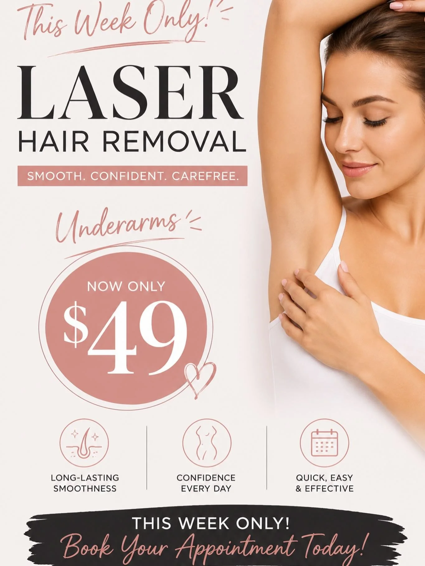 ⚡ FLASH SALE ⚡

Underarm Laser Hair Removal
ONLY $49 per session

&bull; Limit 3 per customer
&bull; No expiration date
&bull; Purchase this week, use anytime
&bull; New &amp; existing clients welcome

Grab your sessions now and save for later! 🤍 Sa