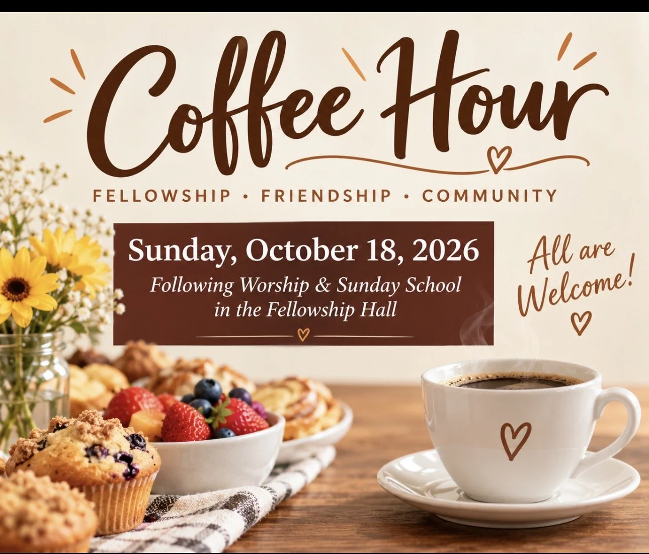     Family Worship, Sunday School, Coffee Hour Fellowship.