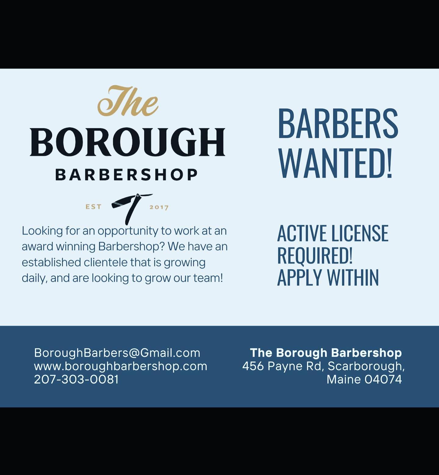 Looking to join a new shop?! The Borough Barbershop is looking to hire multiple full time barbers ASAP! We offer both traditional booth rent or percentage based rent, while still suppling our barbers with all the basic necessities. Razors, neck strip