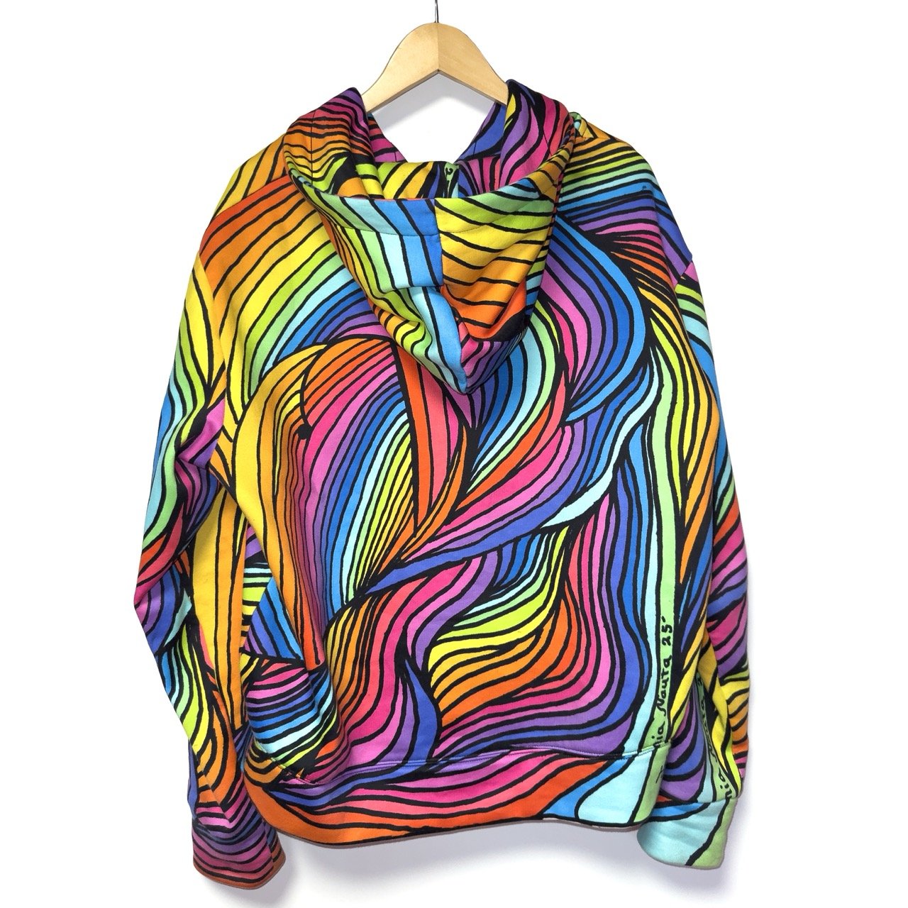 Vibrant rainbow abstract wearable art hoodie for snowboarding, festivals, and finding quiet at home