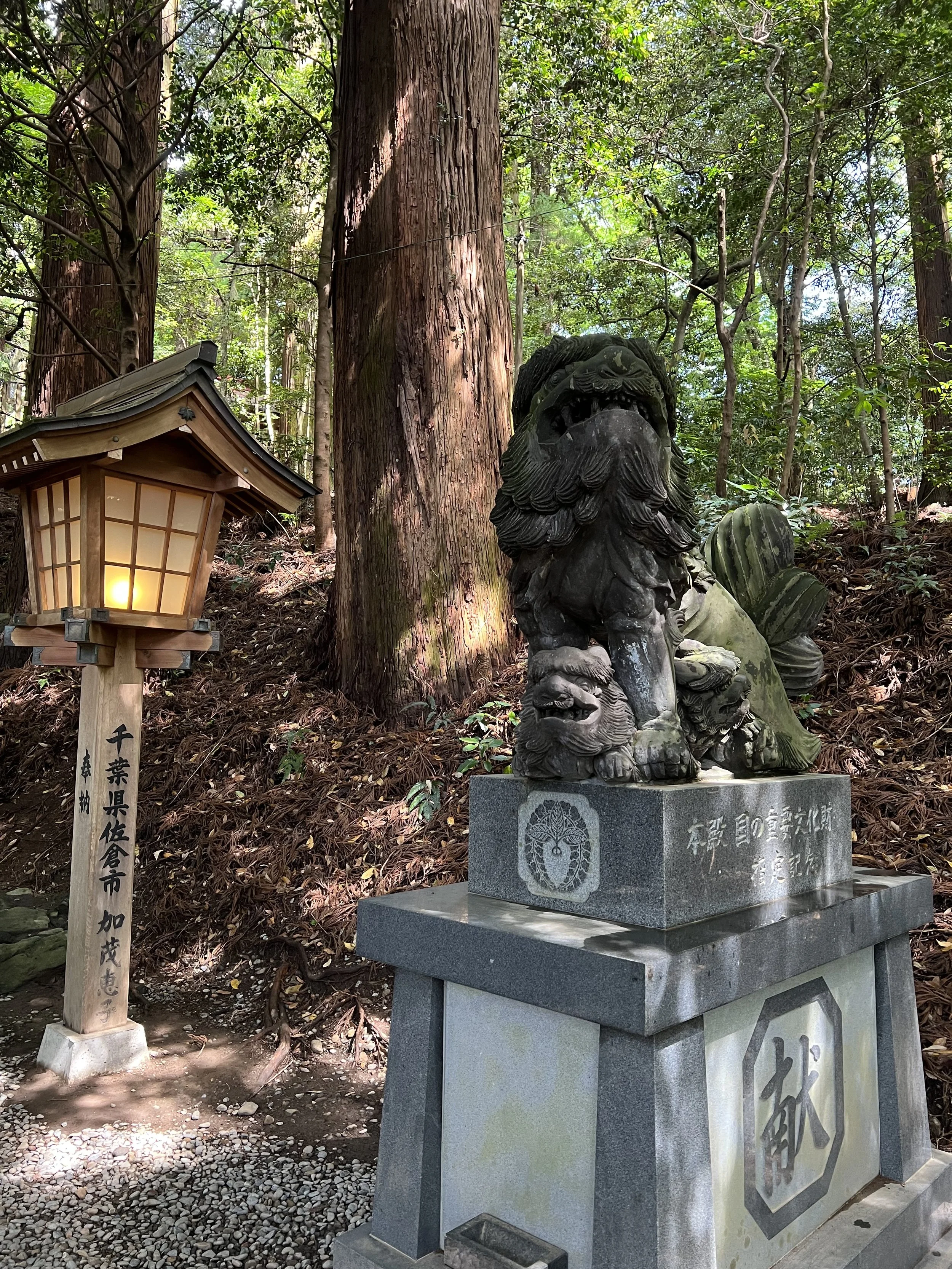 Statue and lantern at Takachiho shrine