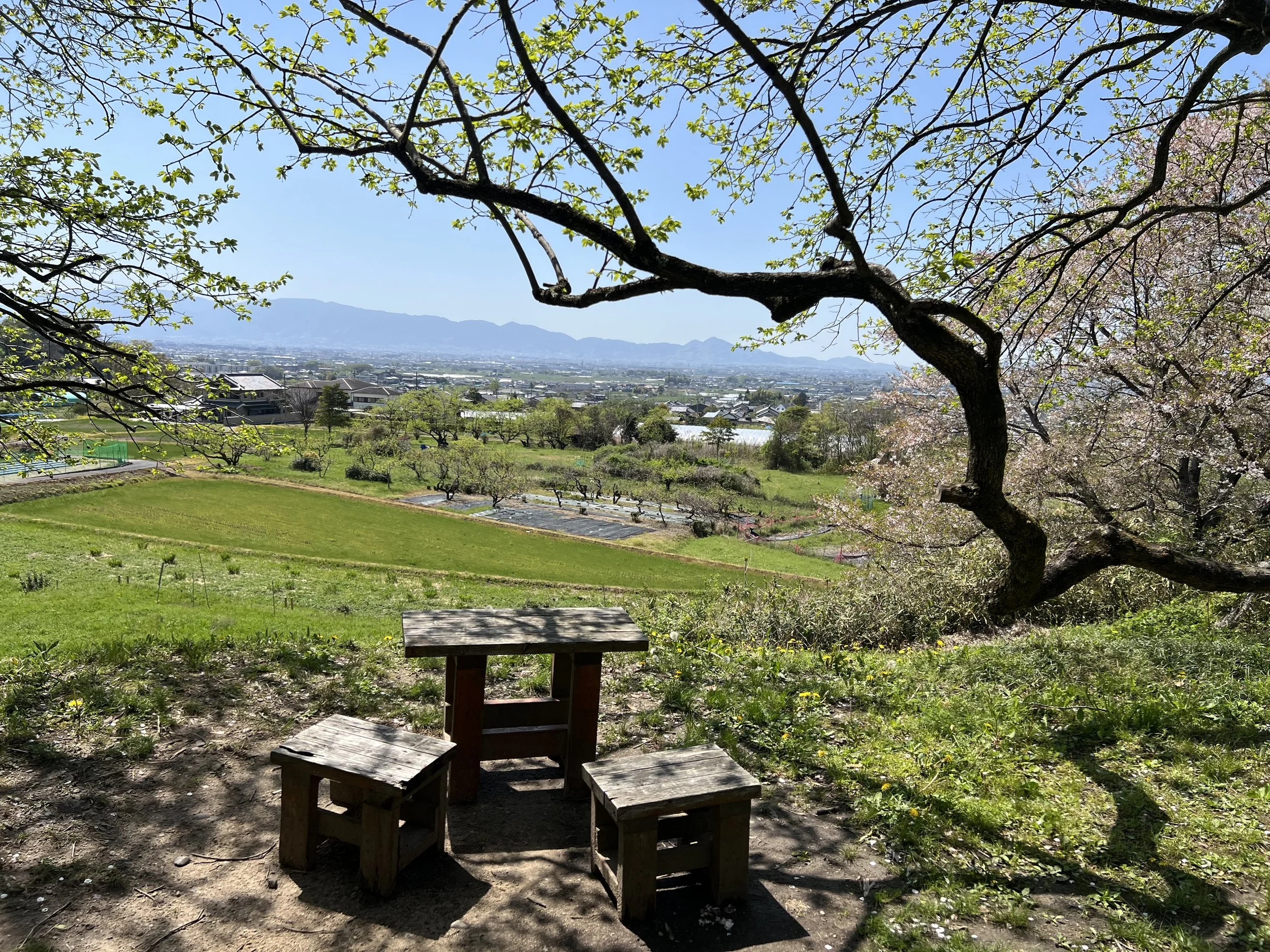 Beautiful countryside viewpoint with stools and small table in Nara