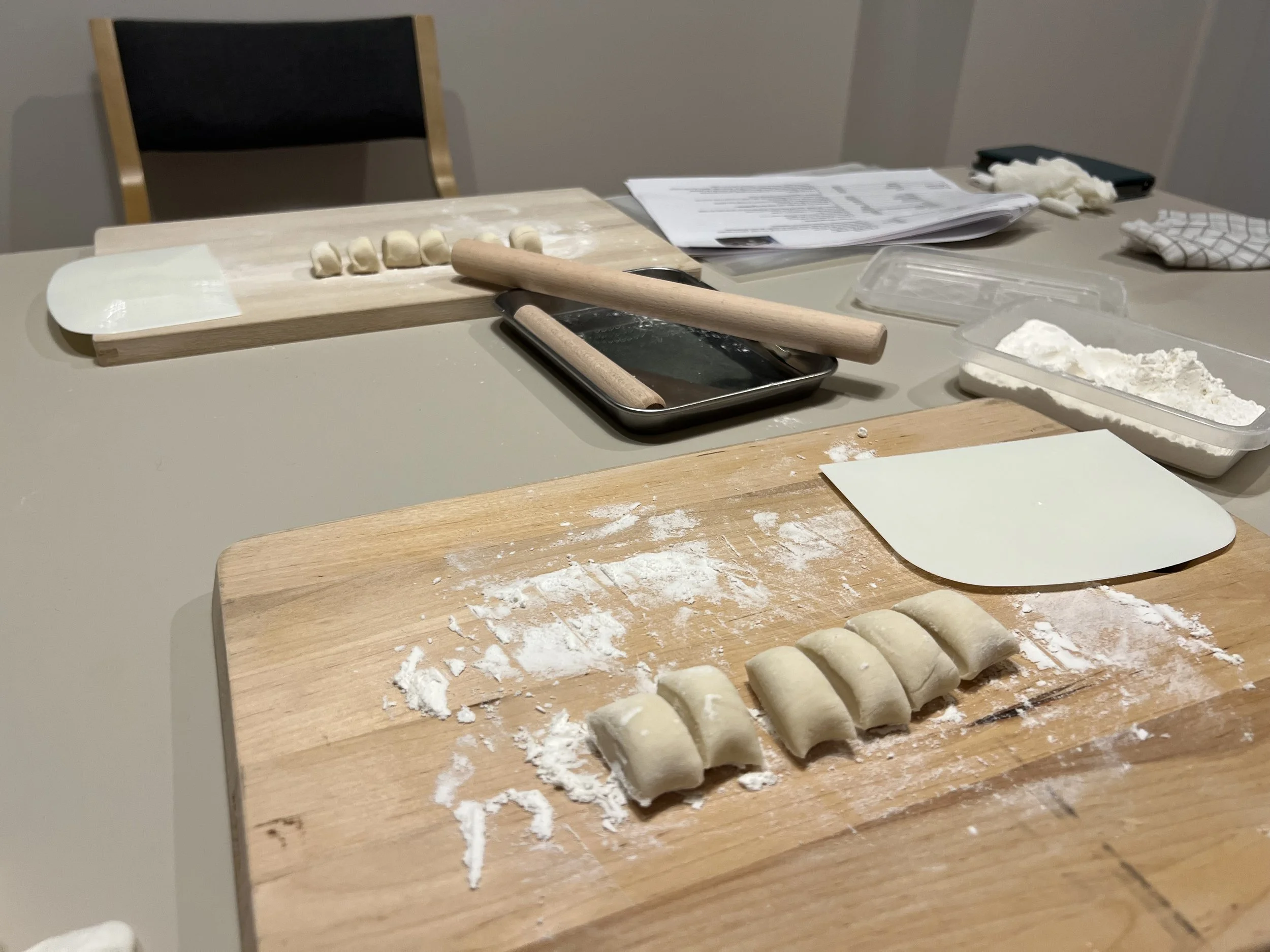 Cutting gyoza dough in a cooking class