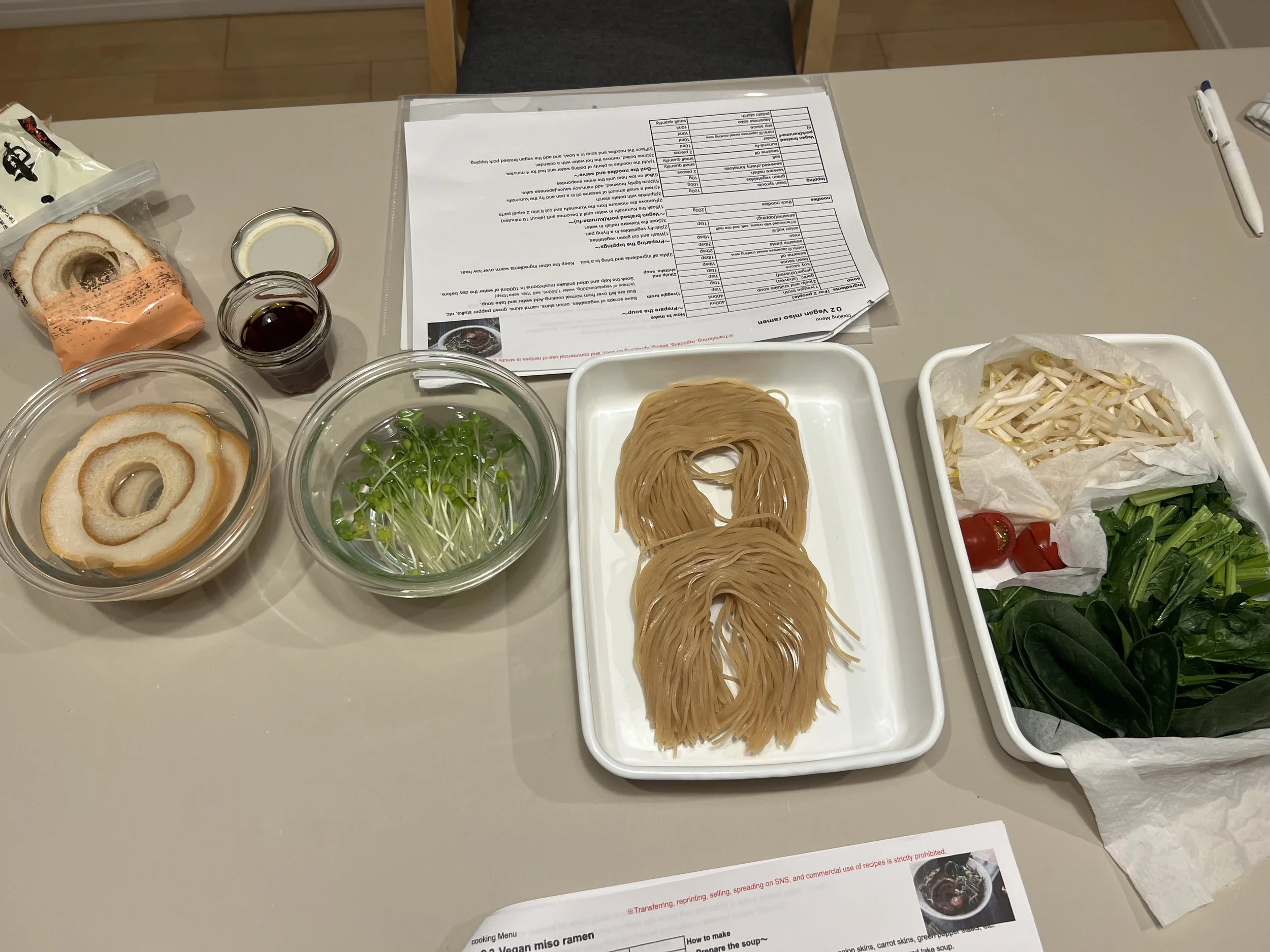 Ingredients for vegan ramen cooking class in Osaka