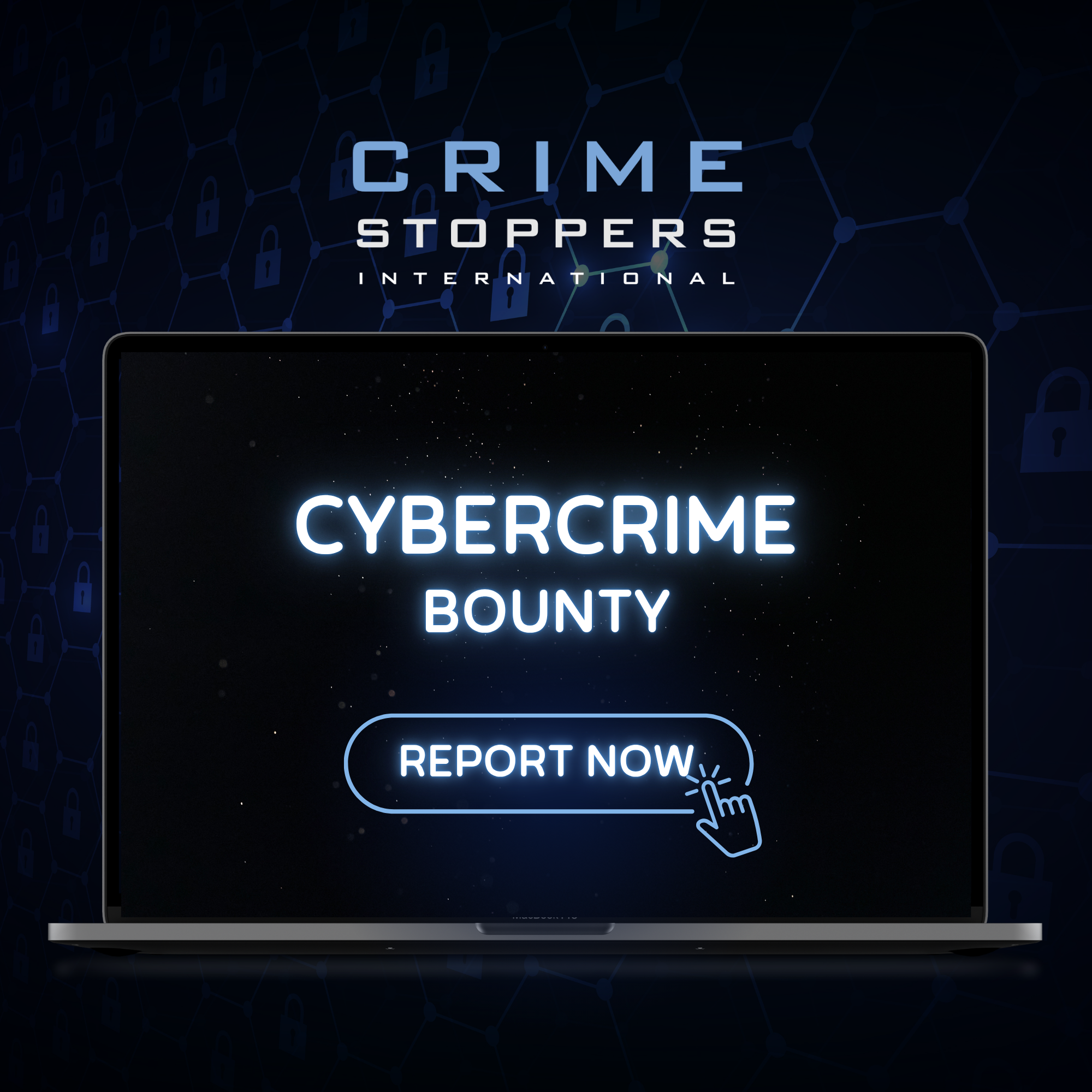 A digital illustration of a tablet screen displaying the words 'CYBERCRIME BOUNTY' with an 'REPORT NOW' button and a pointing hand cursor icon. The background shows a network of interconnected lock icons.