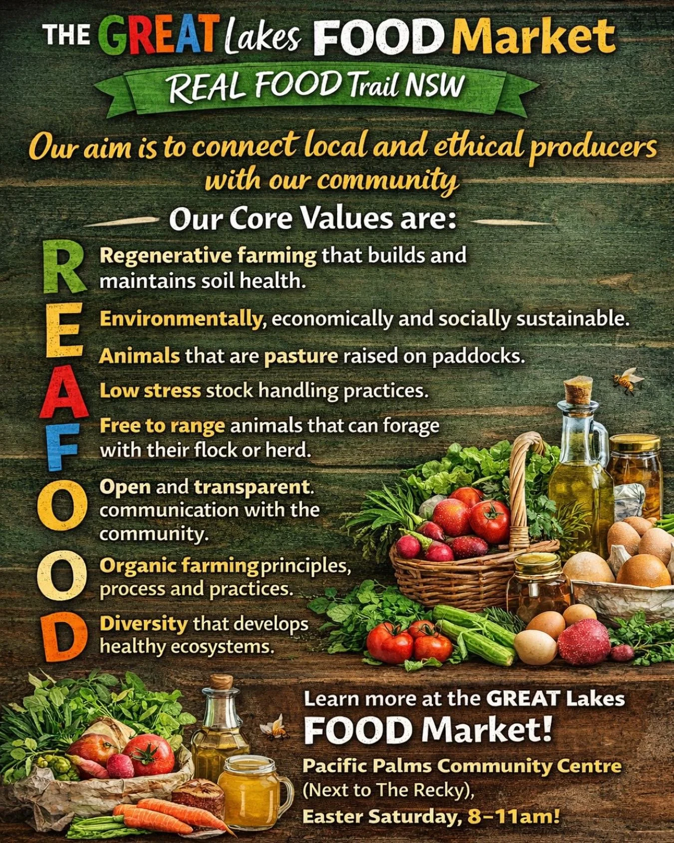 🌿What does REAL FOOD mean to you? 🌿

At the heart of the @greatlakesfoodtrailnsw REAL FOOD Market, it&rsquo;s more than just delicious produce &mdash; it&rsquo;s a commitment to our land, our animals, and our community.

💚 REAL FOOD is our promise