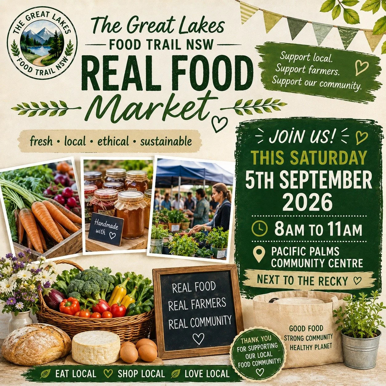 🌿 REAL FOOD. REAL FARMERS. REAL COMMUNITY. 🌿

It&rsquo;s Market Day this Saturday! 🥕🍞🫙

Come along to the @greatlakesfoodtrailnsw  REAL FOOD Market and discover fresh local produce, delicious handmade goodies and passionate local producers.

Sin