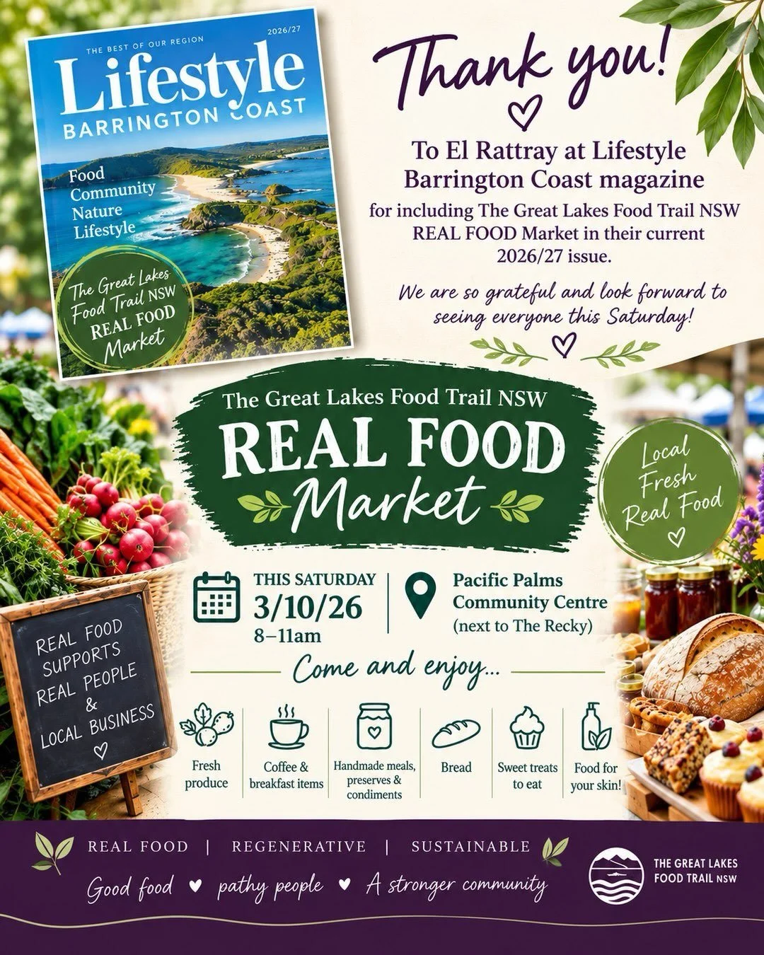 ✨ A WONDERFUL SURPRISE! ✨

Imagine our delight when we opened the current 2026/27 issue of Lifestyle Barrington Coast magazine and discovered a beautiful article featuring @greatlakesfoodtrailnsw #REAL FOOD Market! 🥰

A huge thank you to El Rattray 