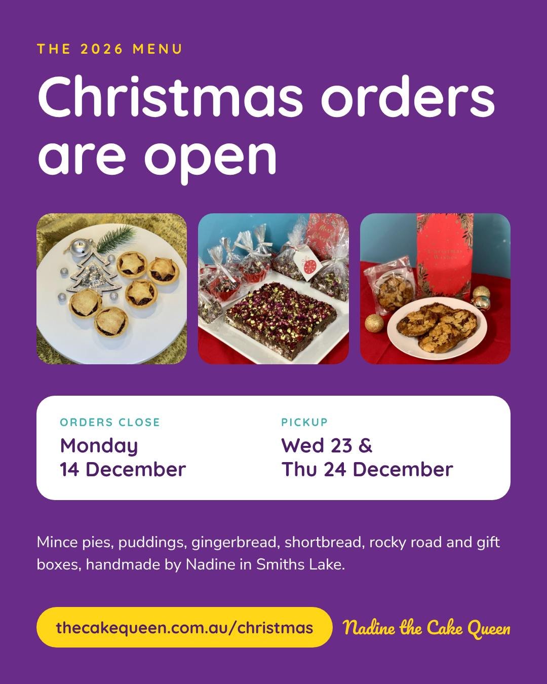 Christmas orders are open! 🎄

Fruit mince pies, Christmas fruit cakes and puddings, gingerbread trees, cranberry pistachio shortbread angels, rocky road, florentines, Christmas cupcakes and my paint-your-own biscuit gift boxes ( in collaboration wit