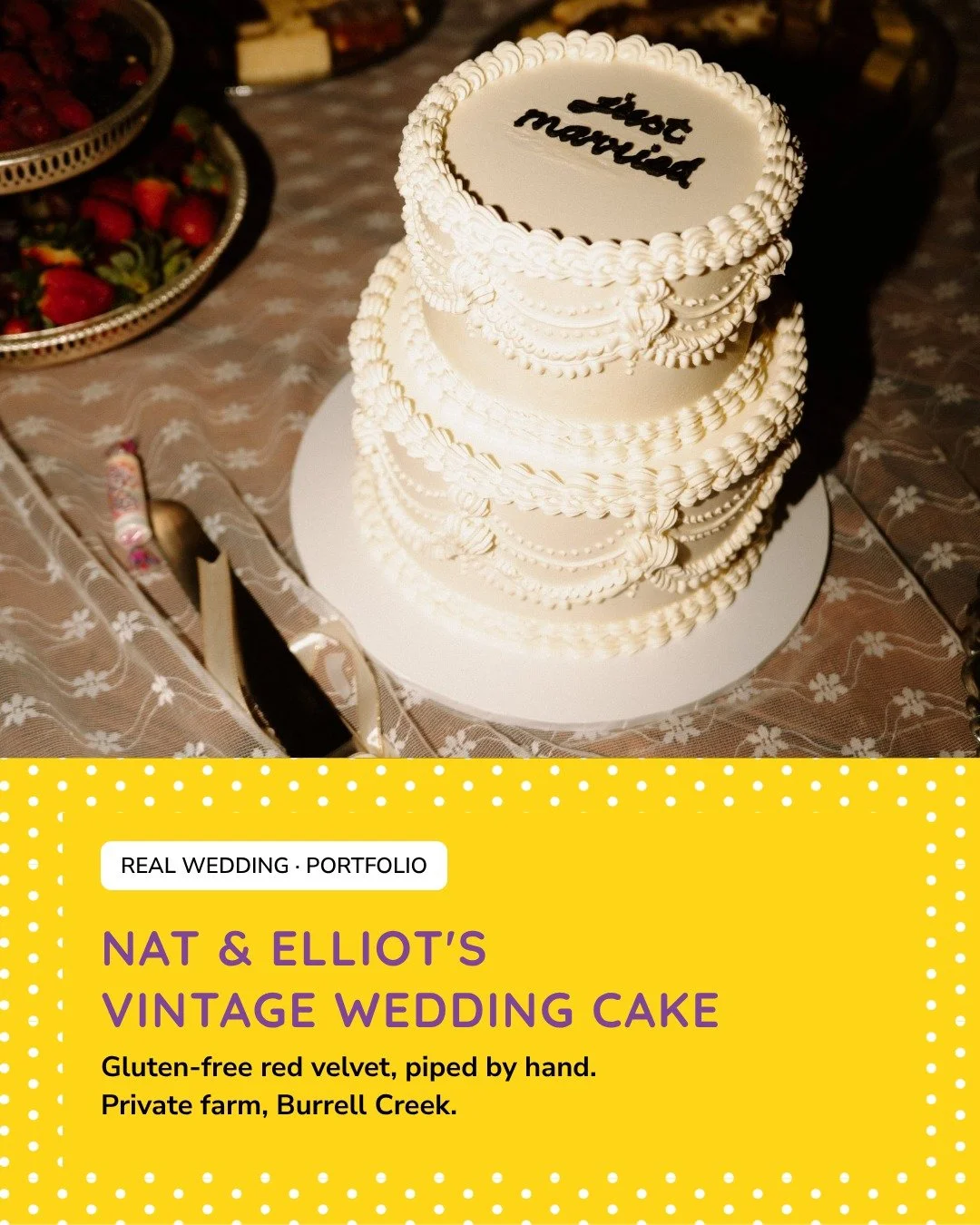 Nat &amp; Elliot's vintage wedding cake 🤍

A private farm at Burrell Creek, a tent full of fairy lights and a cake with all the vintage charm: two tiers of gluten-free red velvet, covered in my White Chocolate Italienne Meringue Buttercream, piped b