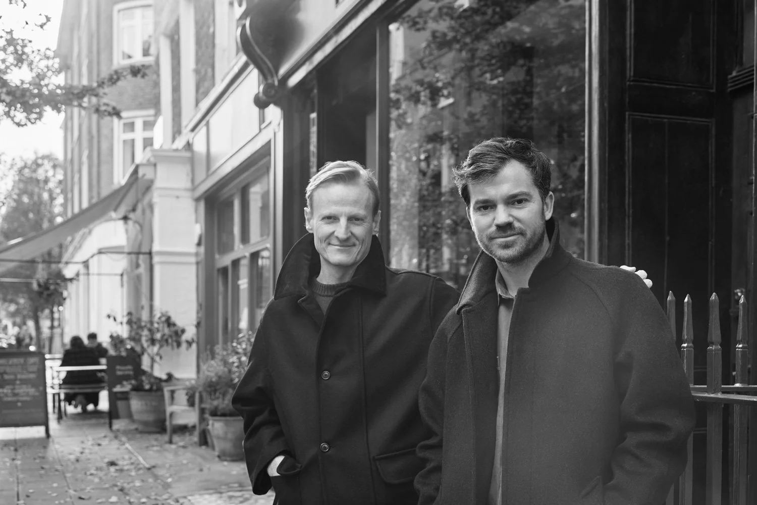 George and Callum, co-founders of Original Fibres menswear brand outside their Lambs Conduit Street store