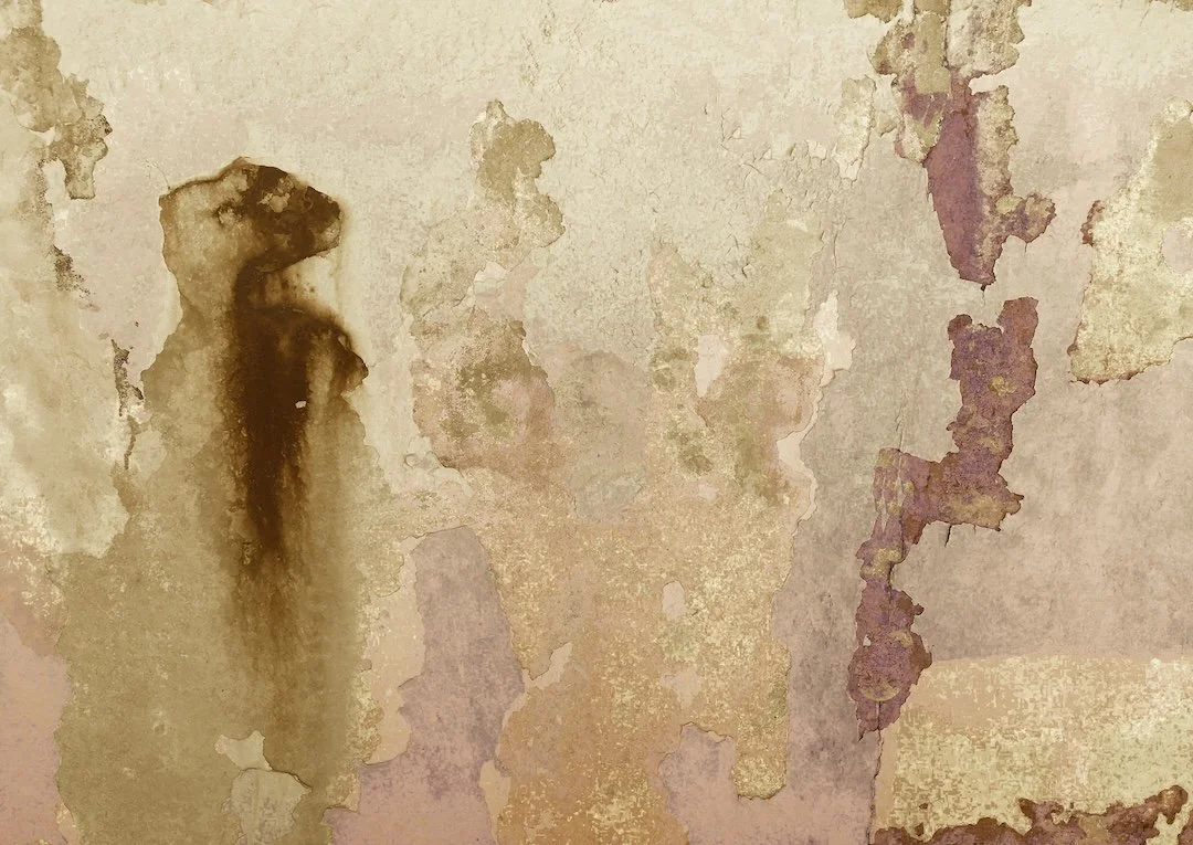 Close-up of a weathered, peeling wall with patches of chipped paint and discoloration.