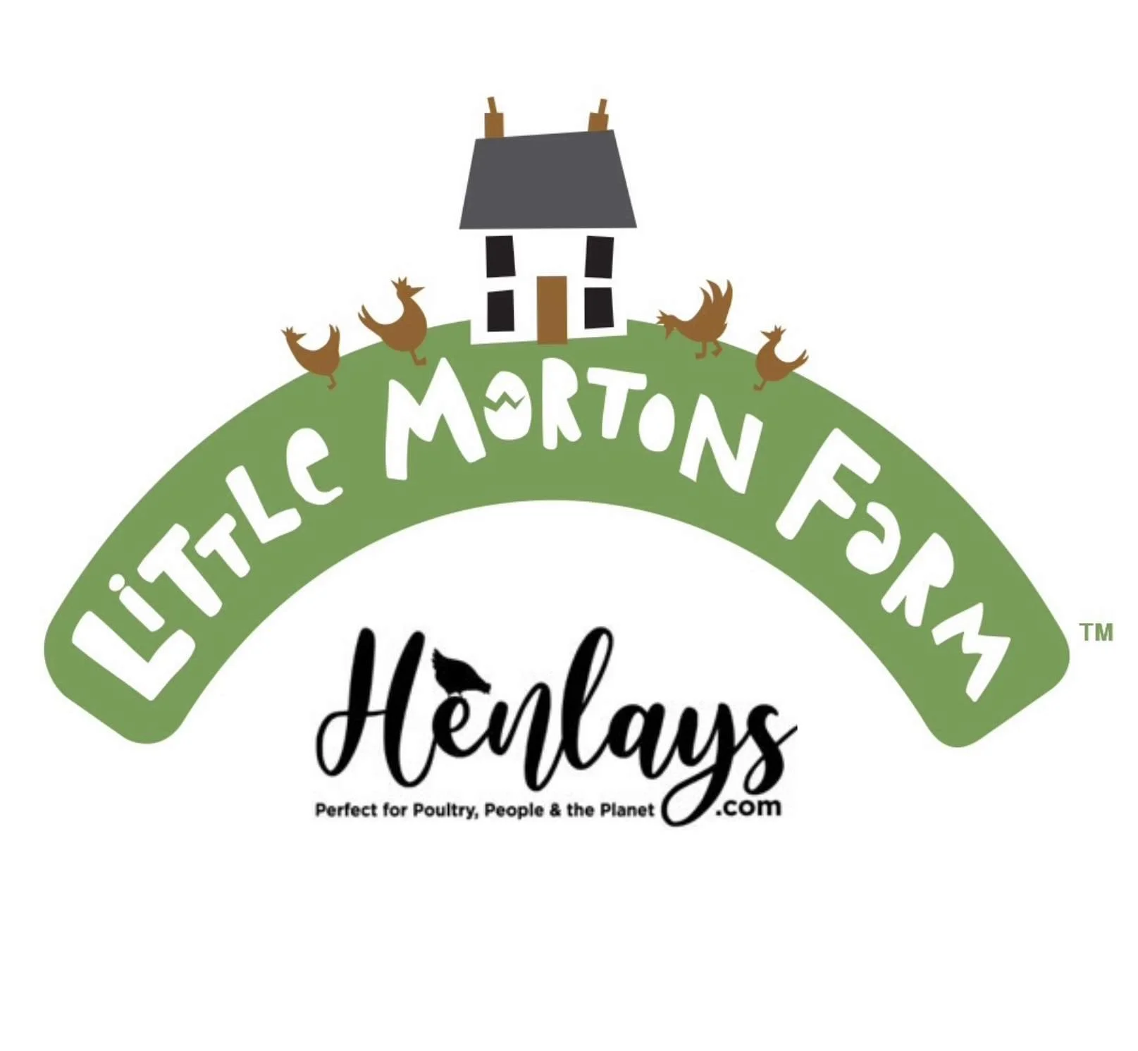 Logo for Little Morton Farm with a green curved background, white playful text, a small house with a gray roof and brown chimney, and four brown chickens, with the words 'Henlays' and a tagline about poultry, people, and the planet.