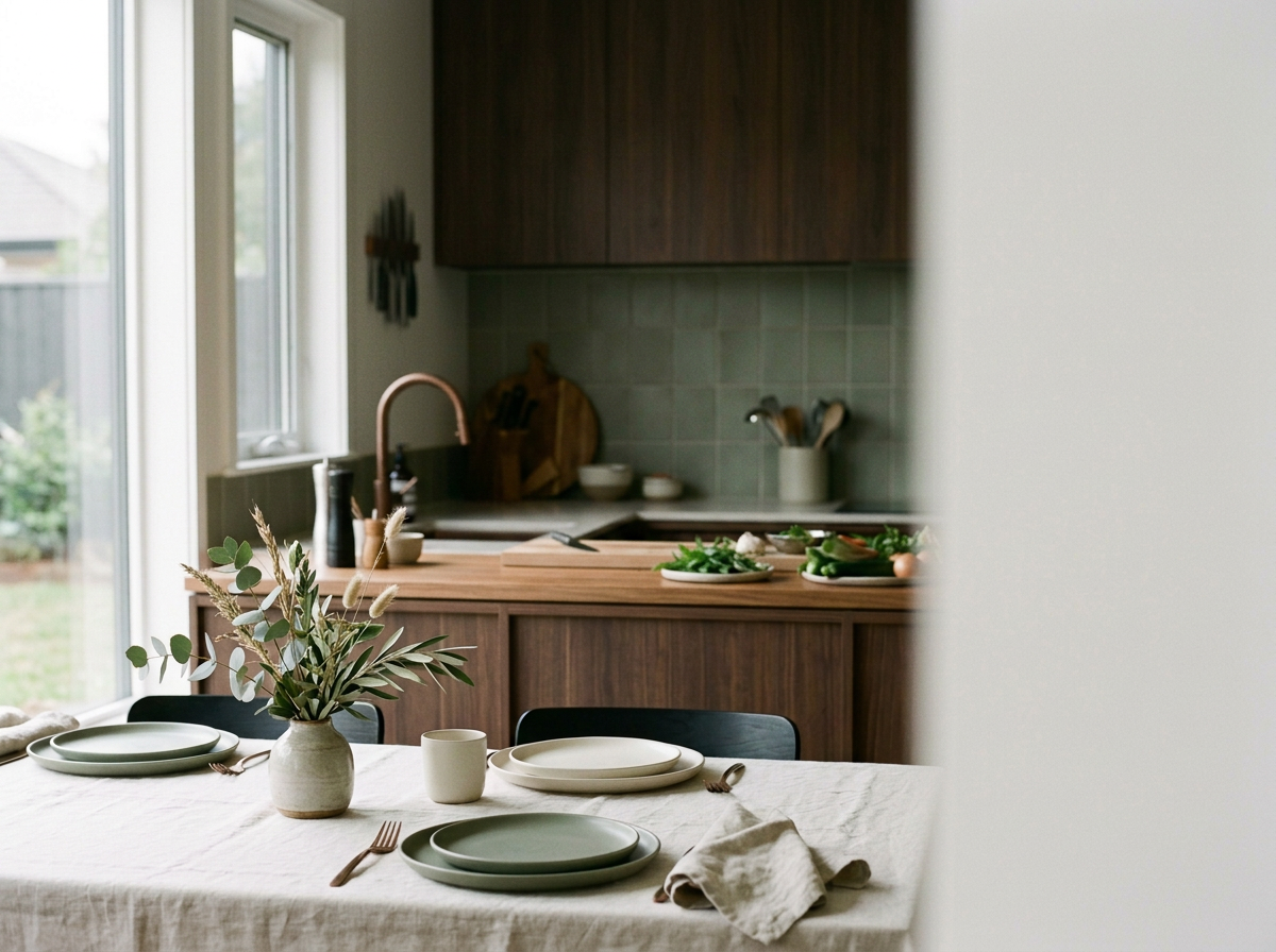 A cozy dining area with a table set with plates, cups, and cutlery, in front of a kitchen with wooden cabinets, a sink with a copper faucet, and a window overlooking a garden.