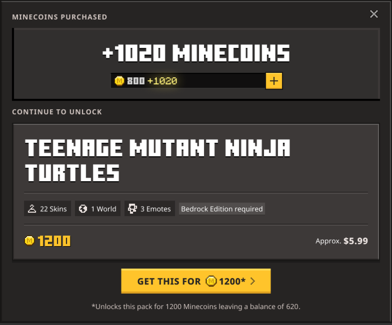 02 / Continue to unlock. Confirmation shows the updated balance, keeps the item in view, and explains the next purchase action.