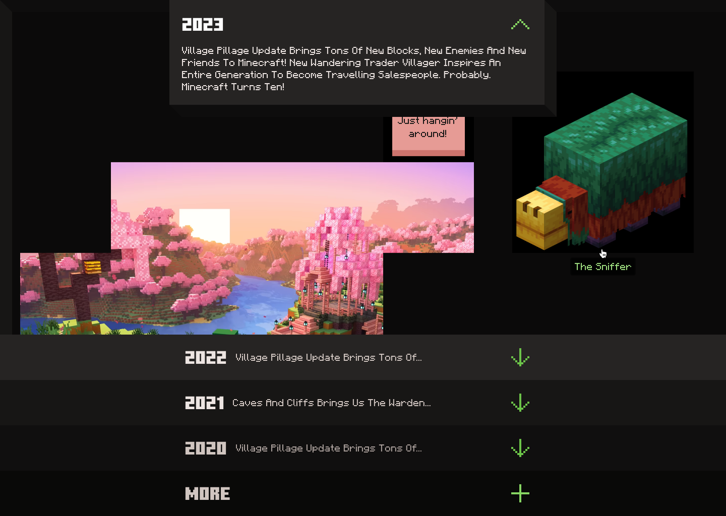 The interactive timeline connected the campaign with 15 years of Minecraft history.