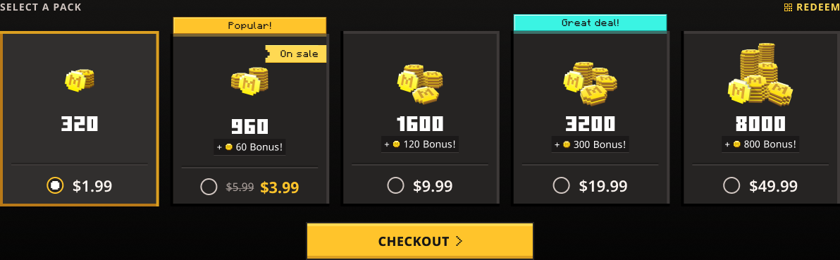 The standalone page presents all five packs with coin amounts, prices, bonuses, and a clear selected state. This is a design detail, not the research comparison.