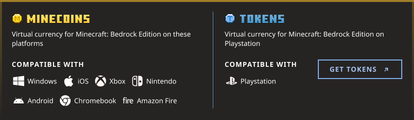 Compatibility guidance distinguishes Minecoins from PlayStation Tokens.
