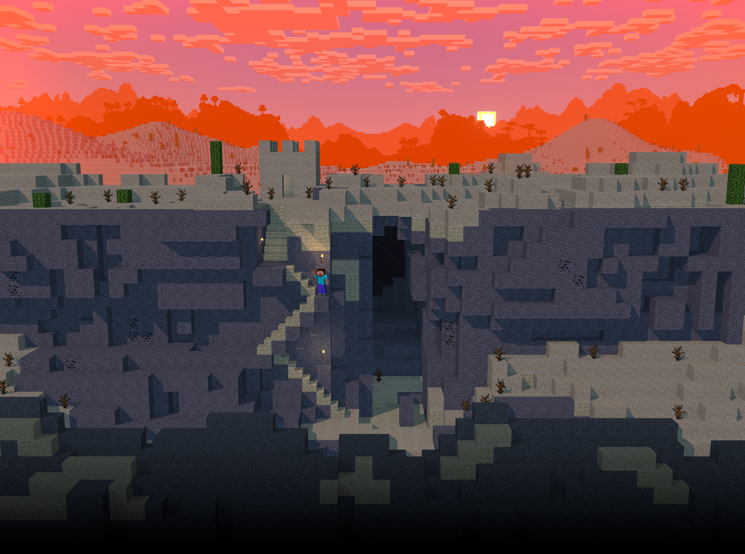 Desert scene variation, with sandy terrain, cacti, and a warm sunset sky.