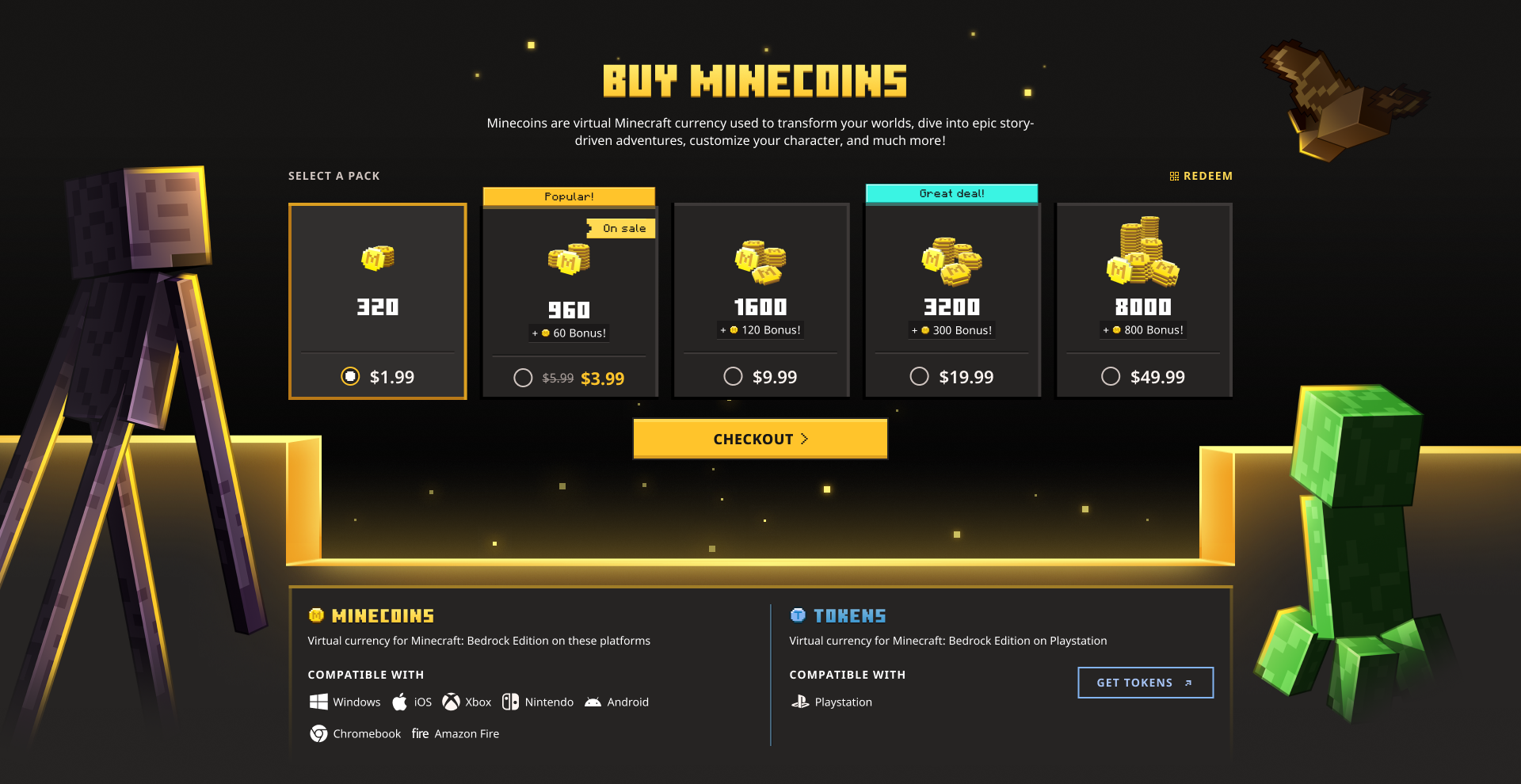 Navigation connects Minecoin purchase, Marketplace browsing, and the player’s balance.