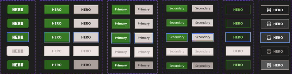 Button variants and interaction states work across all theme sets.
