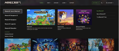 The left-aligned Minecraft logo connects the navigation to the page content and wider franchise.