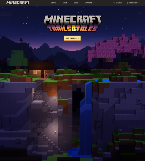 Minecraft’s Trails &amp; Tales page pairs immersive artwork with shared patterns for exploring the game.