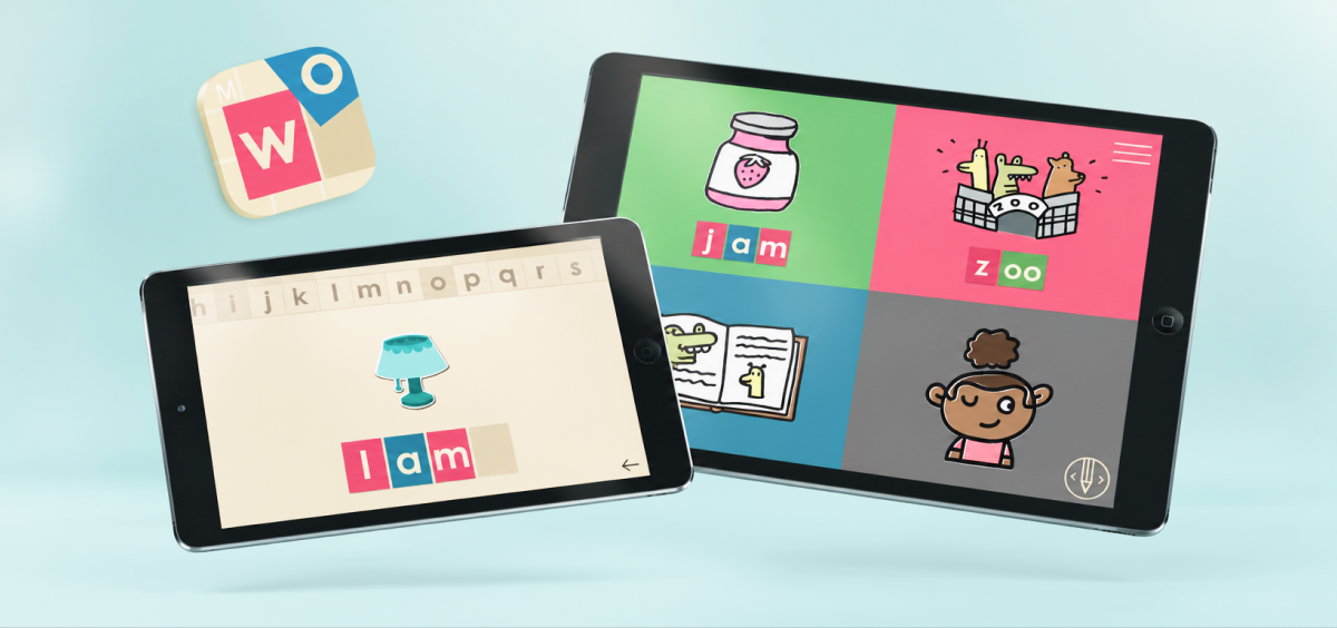 Intro to Words app with colorful letters and word-building activities.