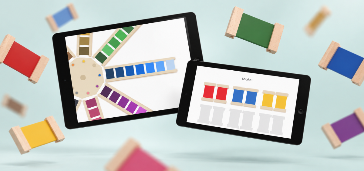 Montessorium’s Intro to Colors app, showing color comparison and sorting activities.