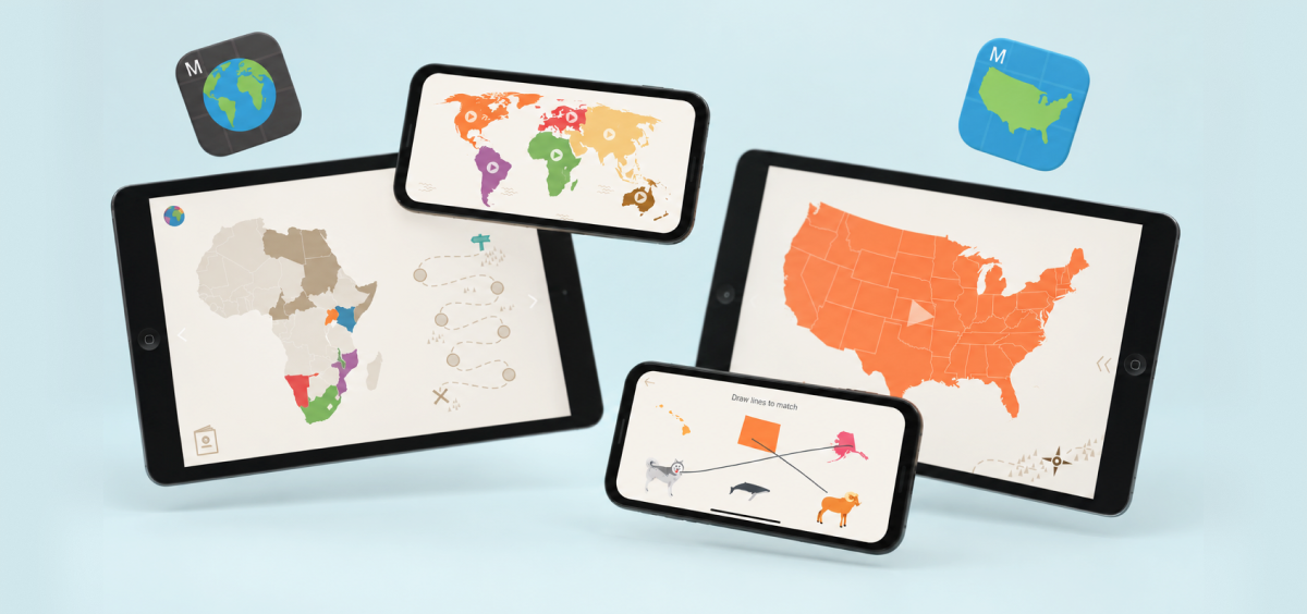 Montessorium’s Intro to Geography apps for exploring the United States and the world through maps and puzzles.