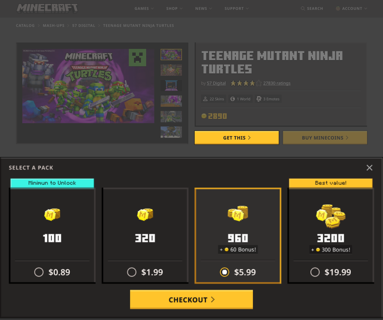 01 / Choose a pack. Minecoin quantity, cash price, and bonus value sit alongside the item the player wants to unlock.