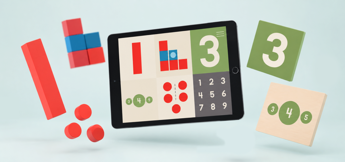Intro to Math app with number rods, numerals, and Montessori counting materials.