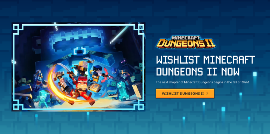 Dungeons II wishlist interstitial combining key art and a direct wishlist action.