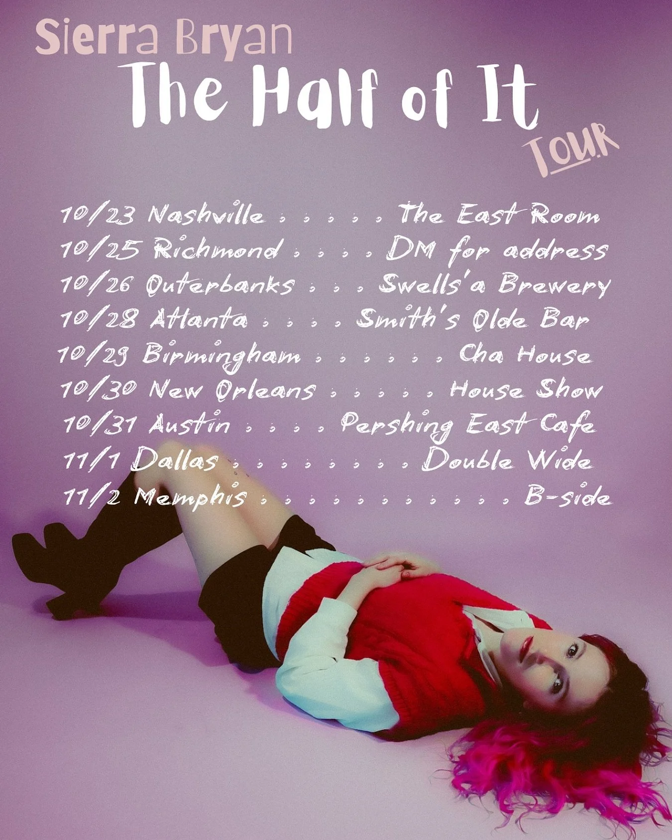 WE&rsquo;RE DOING IT! &ldquo;The Half of It&rdquo; tour starts October 23rd with the album release show in Nashville over at @theeastroom alongside @christawellsmusic &amp; @yella_stone_ ✨

After that, @royallmonarch and I are hitting the road for 10