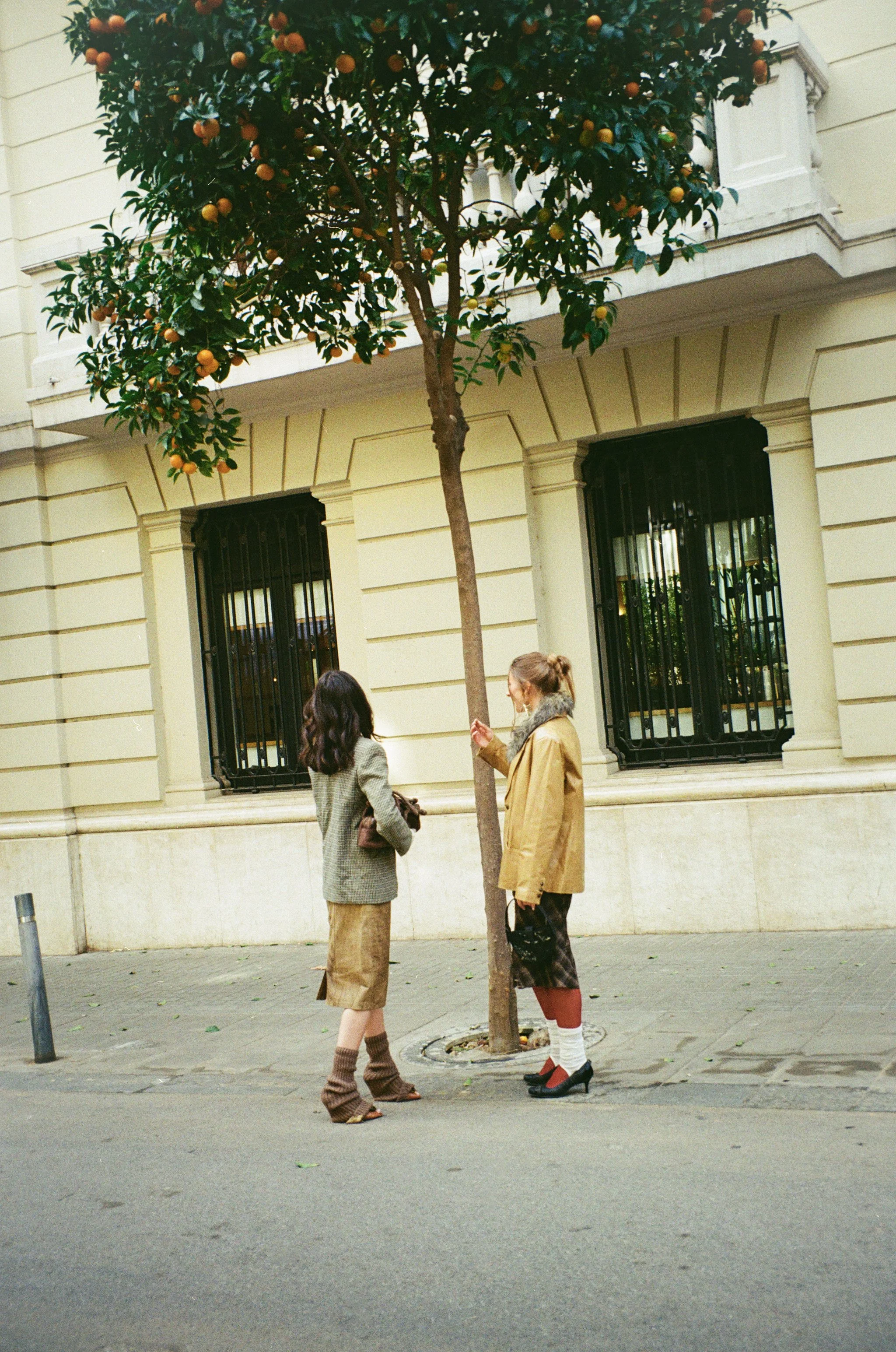 Two women standing on the sidewalk near a tree in front of a beige building with barred windows, engaged in conversation.