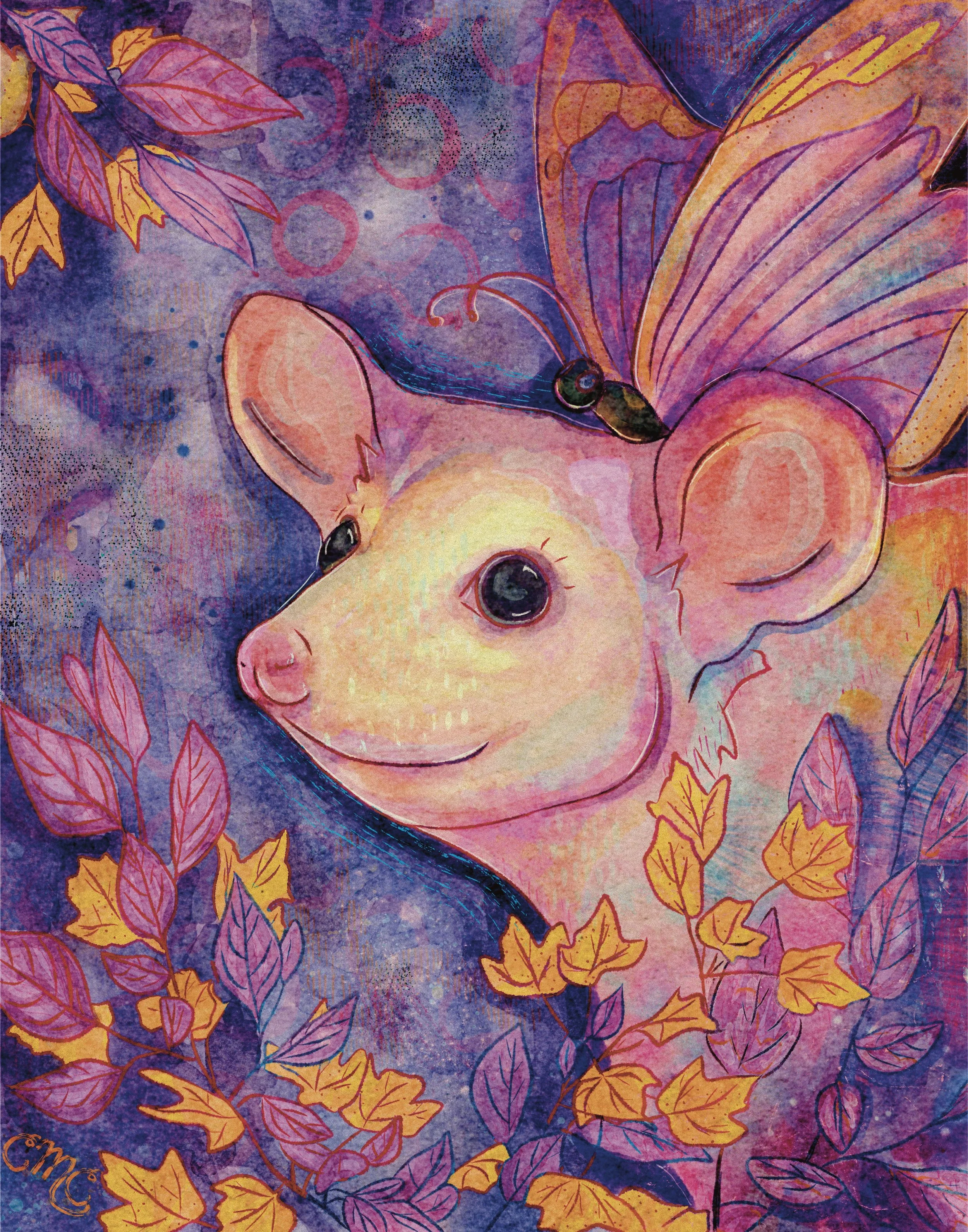 cmcfineart presents a delicate illustrated possum in digital watercolors