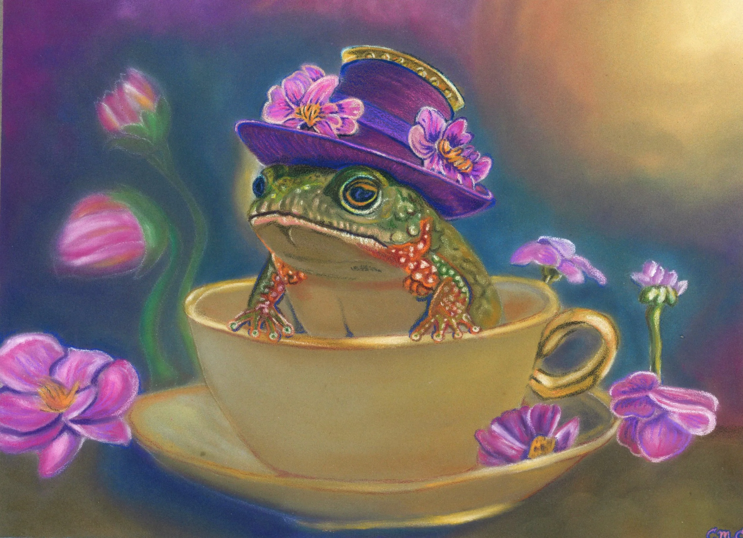 Wizard frog in a golden teacup wearing a purple hat surrounded by flowers