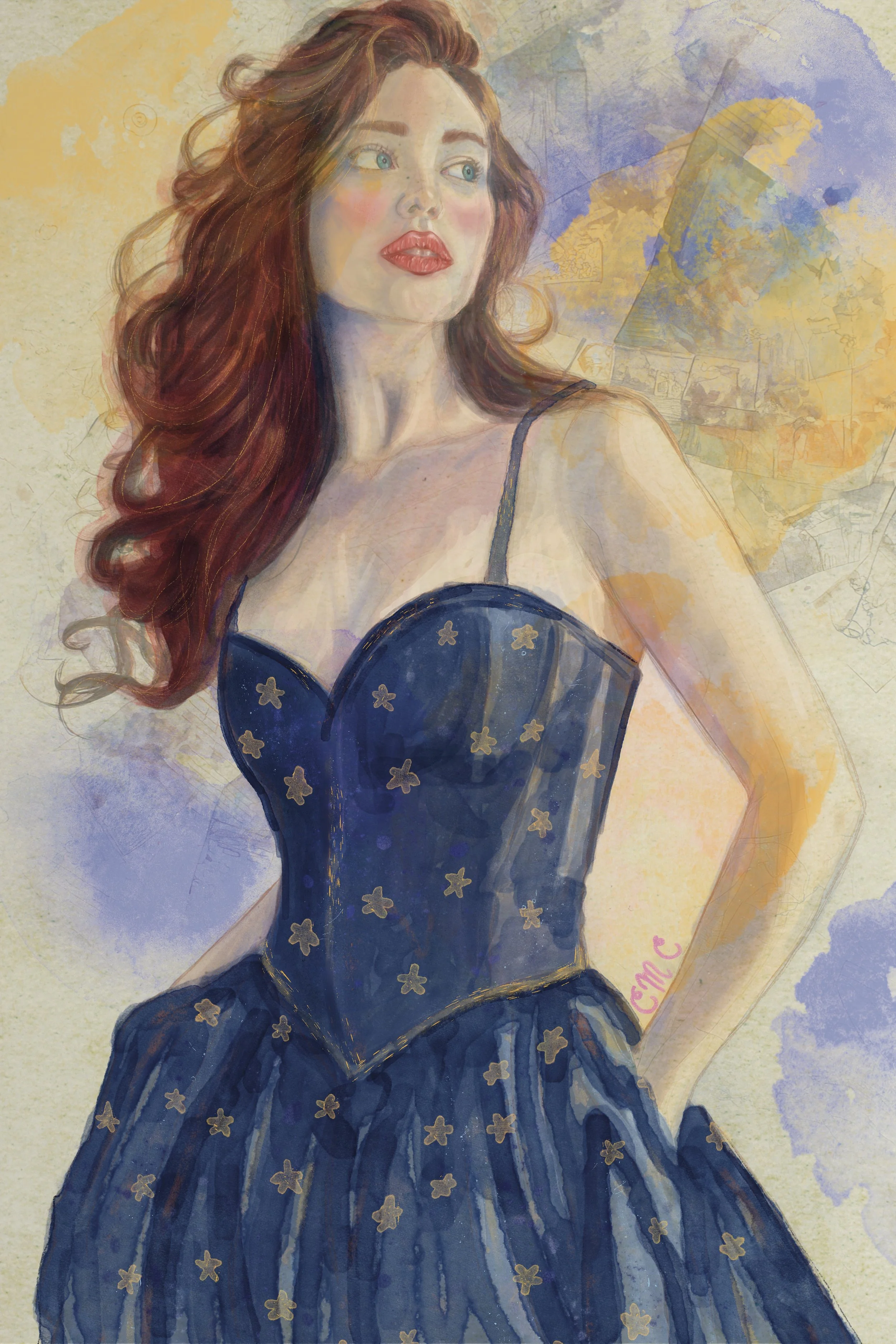cmcfineart presents Freedom -- illustration of an optimistic woman in digital watercolors looks into the distance 