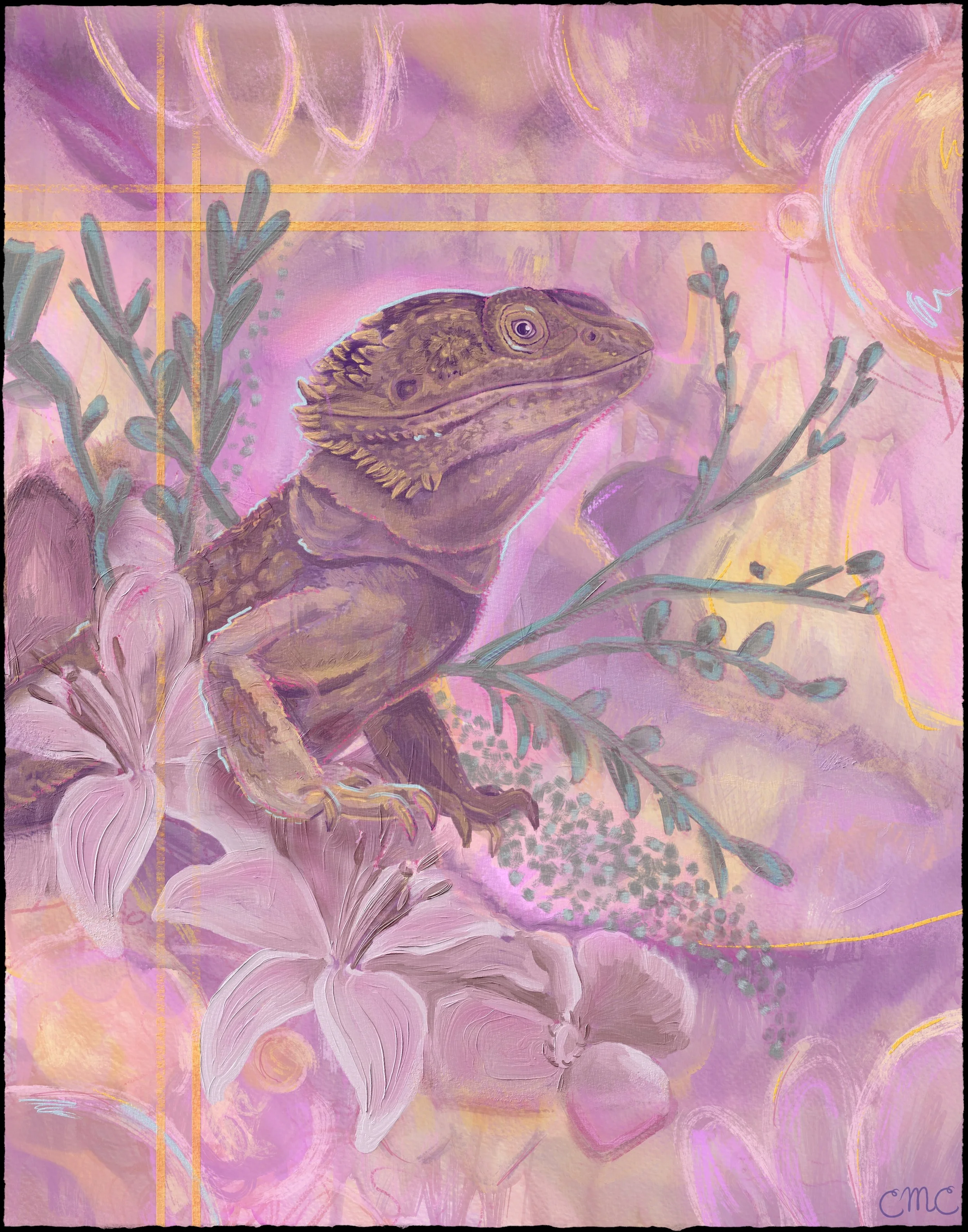 Sereth bearded dragon on a bed of lillies acrylic and watercolor