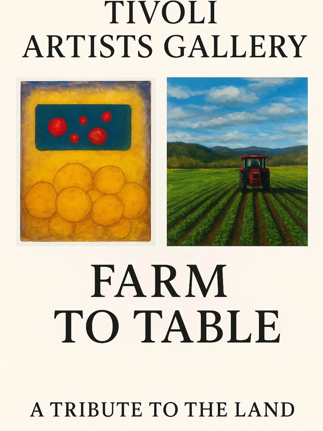 #TivoliArtistsGallery #GentileFarmToTable #HudsonValleyArt #FarmLifeInArt #ArtOfTheHarvest #AgrarianBeauty #TAGExhibit #CreativeCultivation #GalleryInTivoli #NatureAndArt
Tivoli Artists Gallery — A Tribute to the Land
This visual pairing captu