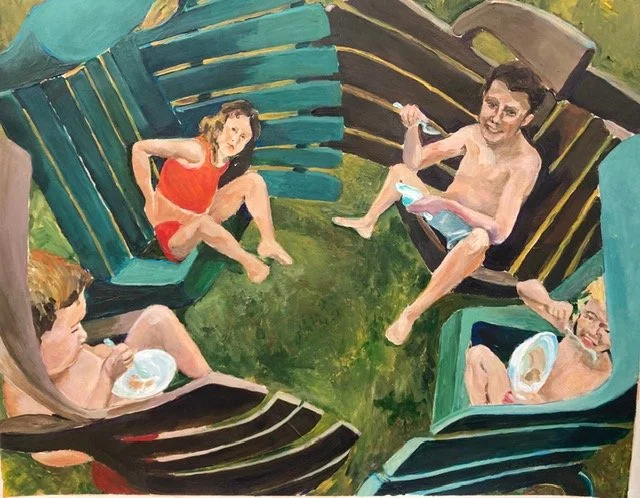 The Huddle, acrylic in paper, 14 x 17 in.